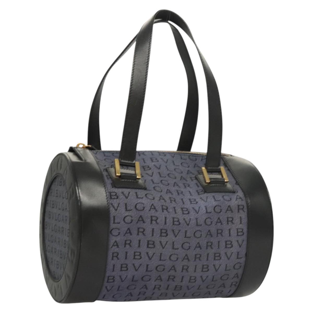 Bvlgari Hand Bag Canvas Navy Gold Auth 121454